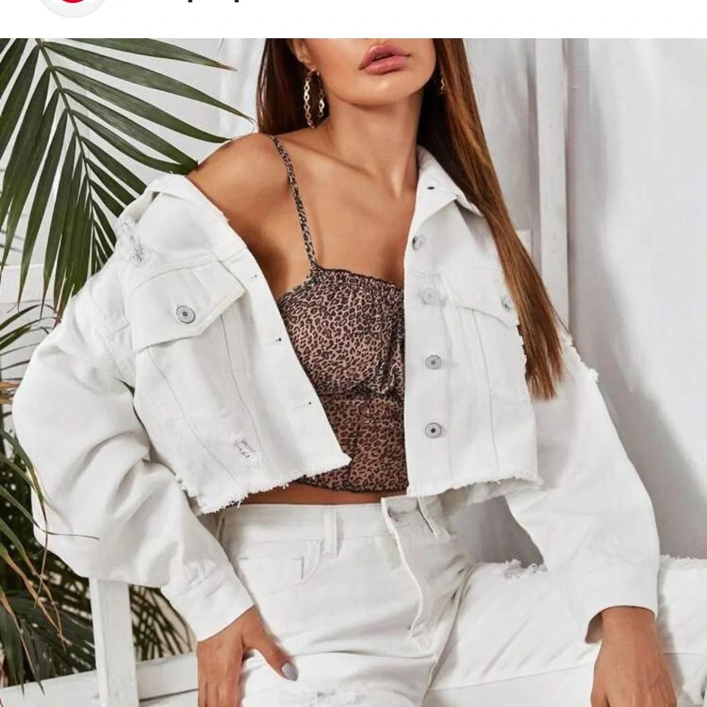 SHEIN White Jean Distressed Denim Crop Jacket S NWOT